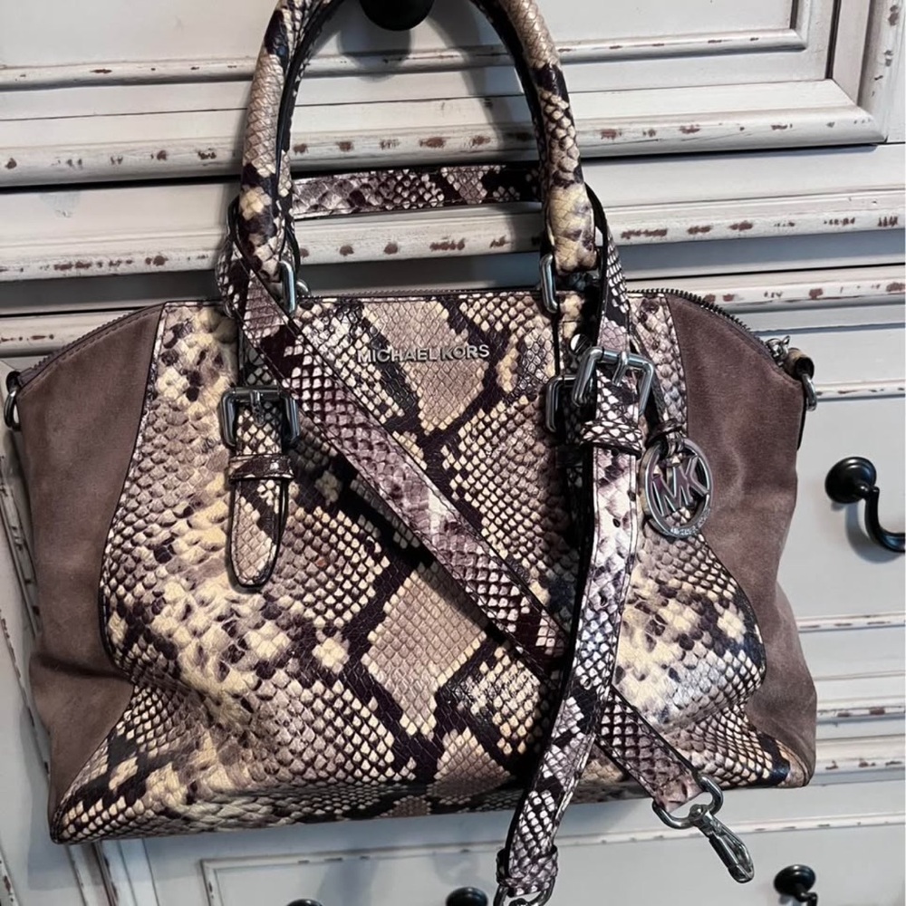 Michael Kors Brown and Cream with suede accents. Satchel Luxurious Snake Print